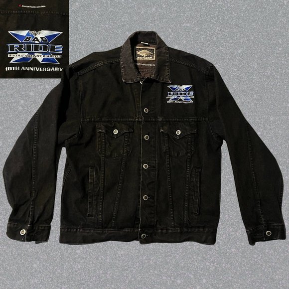 VTG Demin Jean Trucker Jacket Embroidered Rips Bikers Against Diabetes Size M - Picture 1 of 9